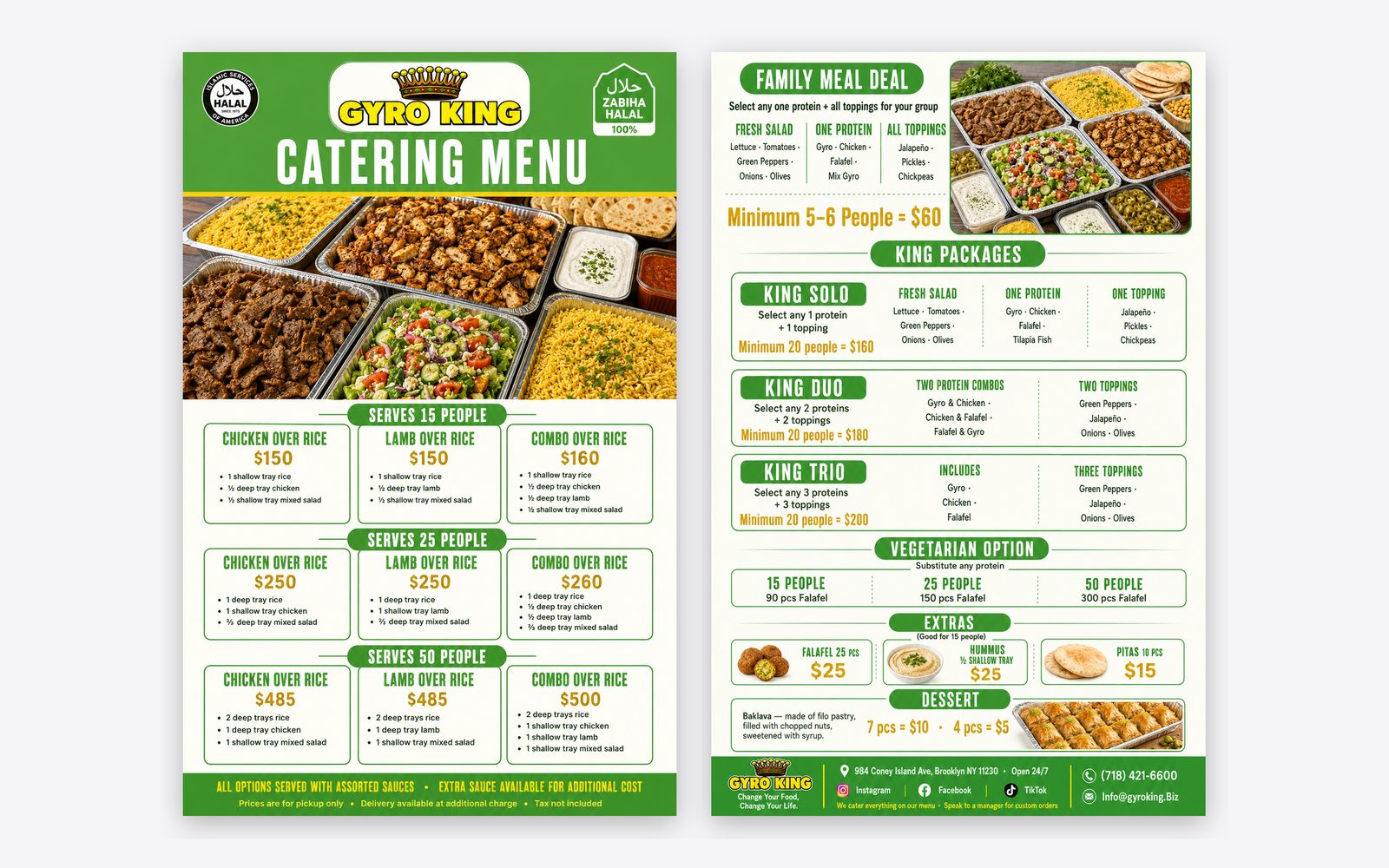 Both sides of the Gyro King catering menu we designed: tray packages grouped by how many people they serve, plus a family meal deal, named packages, a vegetarian option, extras and dessert