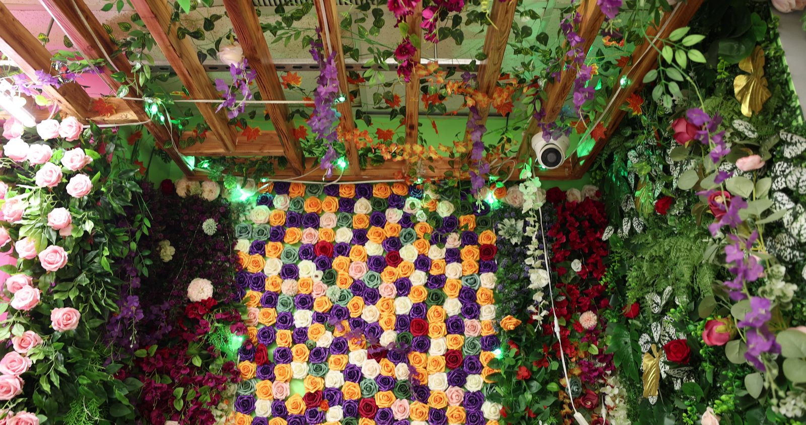 A wall of colorful artificial roses and greenery inside Gyro King, with string lights and a wooden trellis across the top