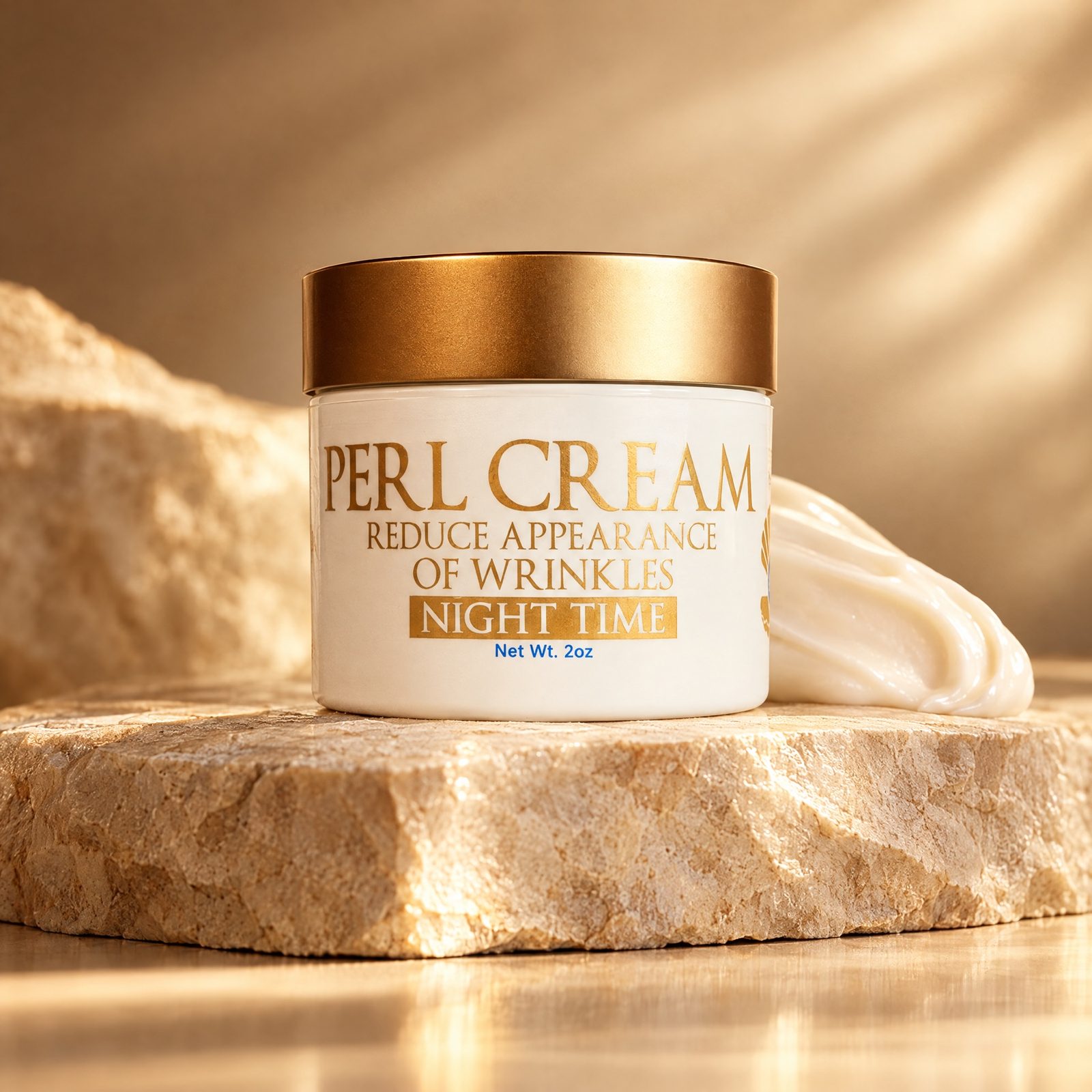 A jar of Perl Cream night time cream with a gold lid on a rough stone slab, a swirl of white cream beside it, in warm golden light
