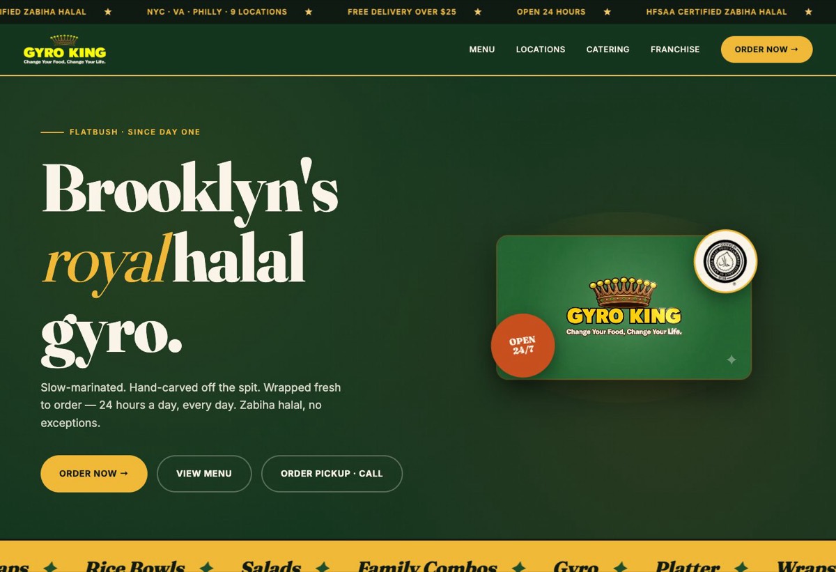 The homepage of the Gyro King website, with a dark green background, a large headline about Brooklyn's halal gyro, and Order Now, View Menu and Order Pickup buttons