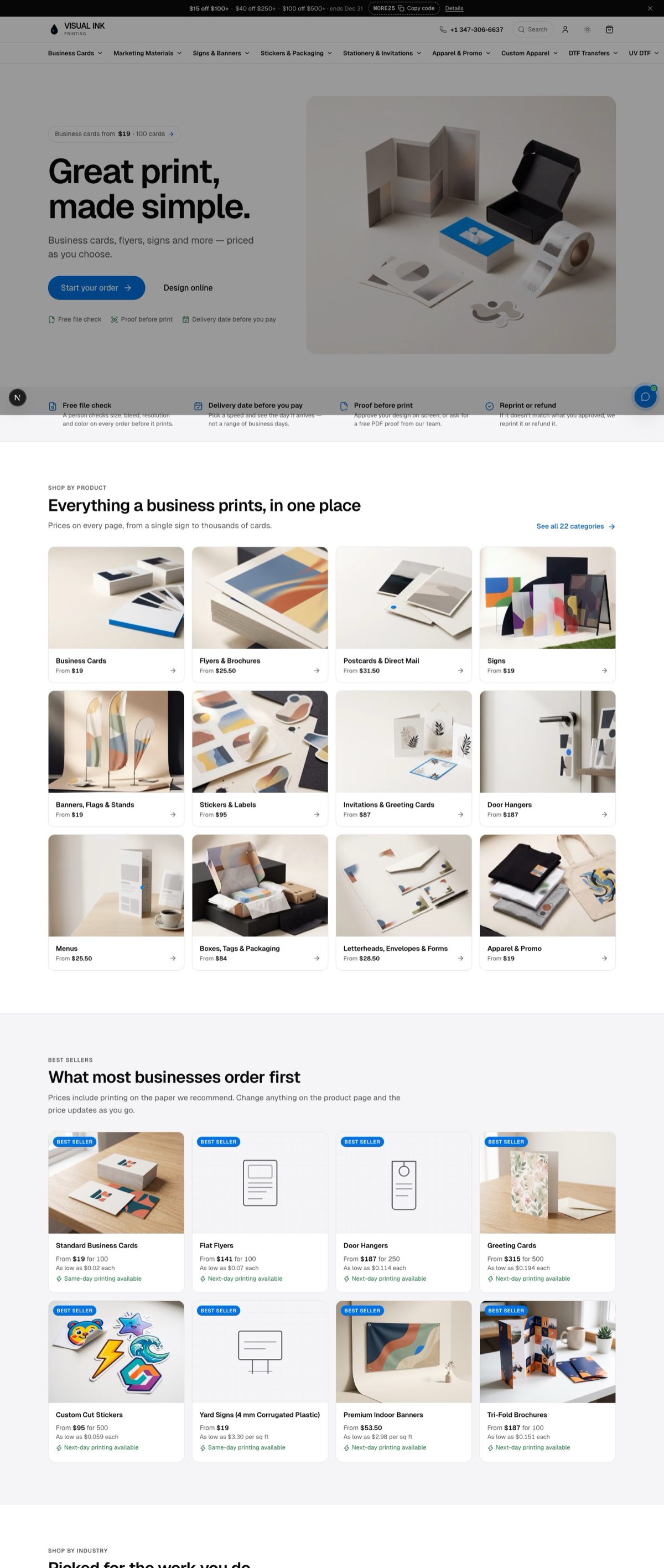 The homepage of the Visual Ink Printing online store, with a headline reading Great print, made simple, a phone number in the header, and a grid of product categories such as business cards, flyers, signs, banners and menus