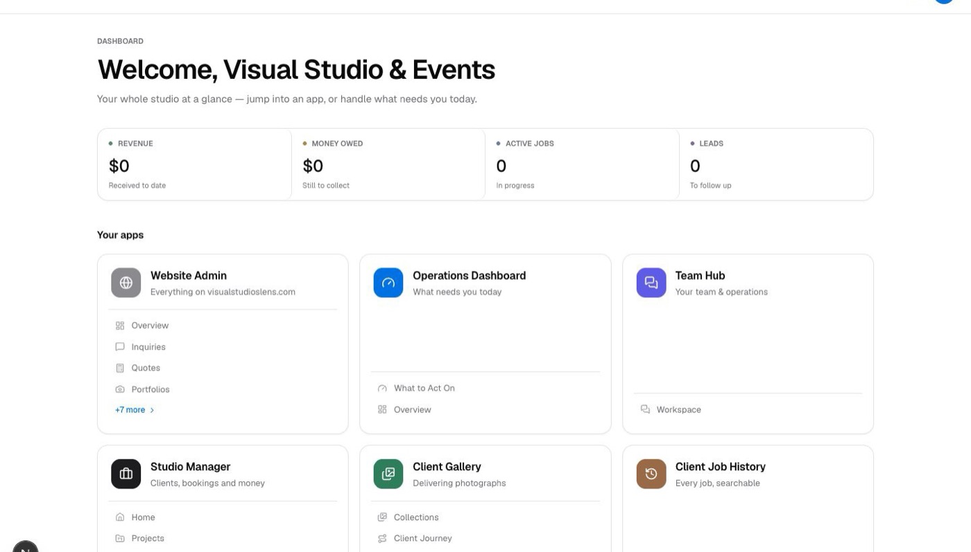 The Studio OS home screen for Visual Studio & Events, with tiles for revenue, money owed, active jobs and leads above app cards for Website Admin, Operations Dashboard, Team Hub, Studio Manager, Client Gallery and Client Job History